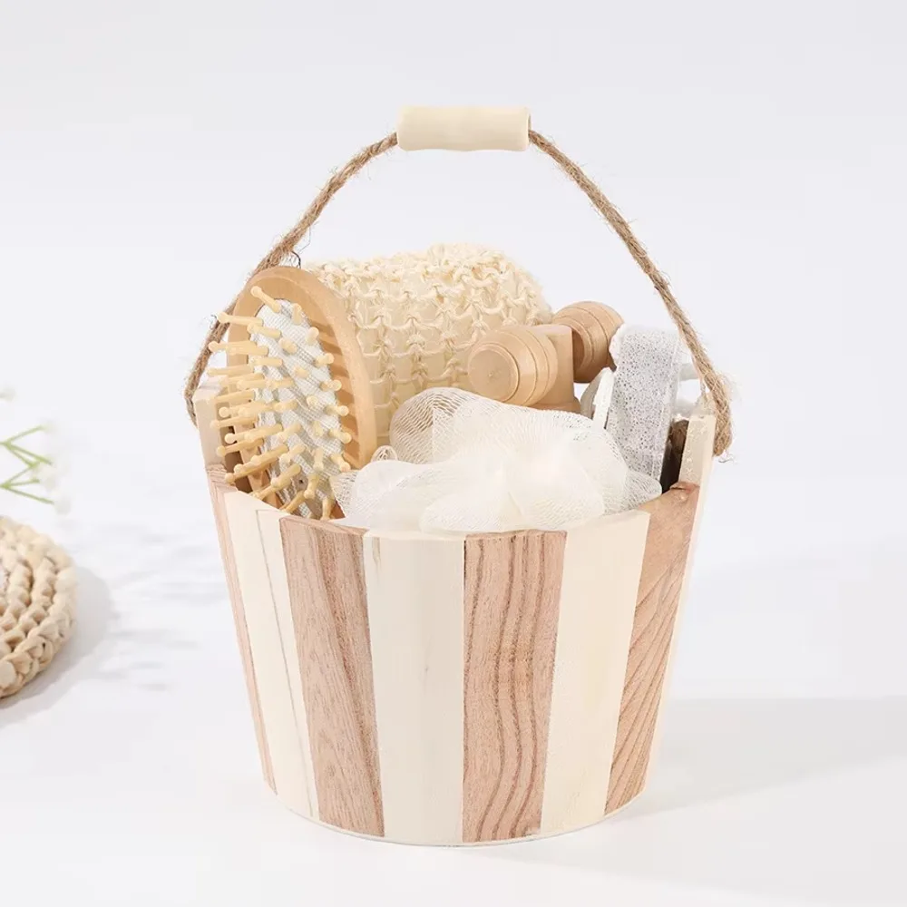 Wooden Bathroom Set with Storage Bucket, Shower Washer Set, Body Exfoliating Kit, Shower Grinder