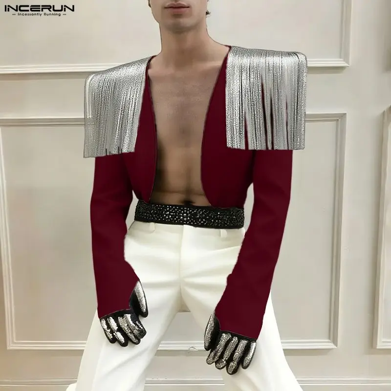 

INCERUN Men Jackets Tassel Patchwork Long Sleeve Open Stitch Male Coats Streetwear 2025 Fashion Casual Crop Coats Men Jackets