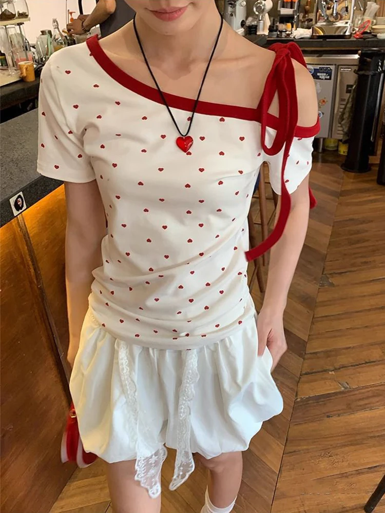 

Red Love Printed Off Shoulder Short Sleeve T-shirt Summer Tops Women's Slim Fit Lace-up Short Sleeve Tee