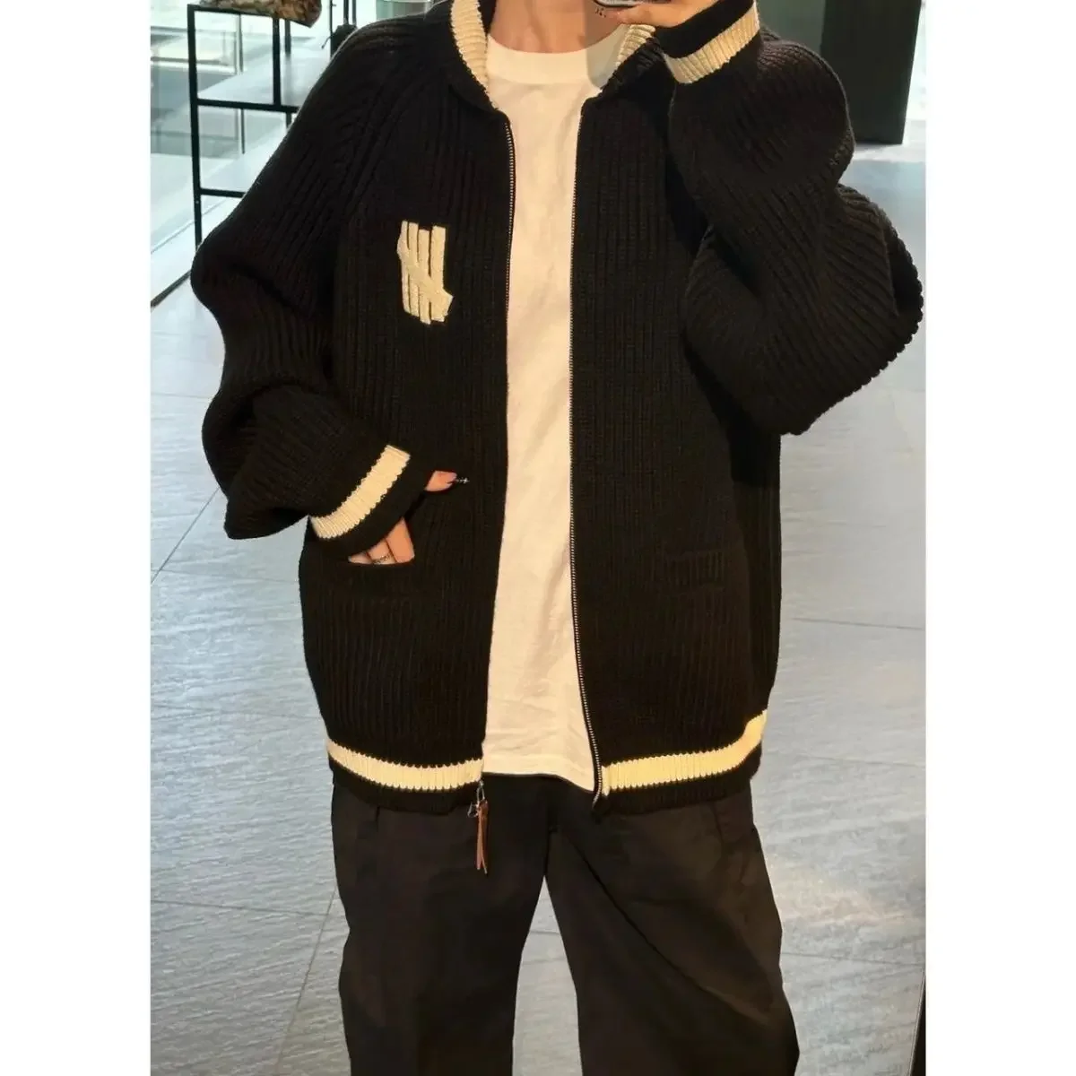 UNDEFEATED Heavy Gauge Cardigan Five Strike Chunky Knit Wool Cotton Zip Up Unisex