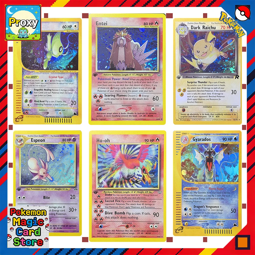 

Pokemon Cards Proxy Foil Vaporeon Celebi Dark Raichu Entei Espeon Giovanni s Gyarados Ho-oh Misty Gyarados Pichu Tyranitar PTCG