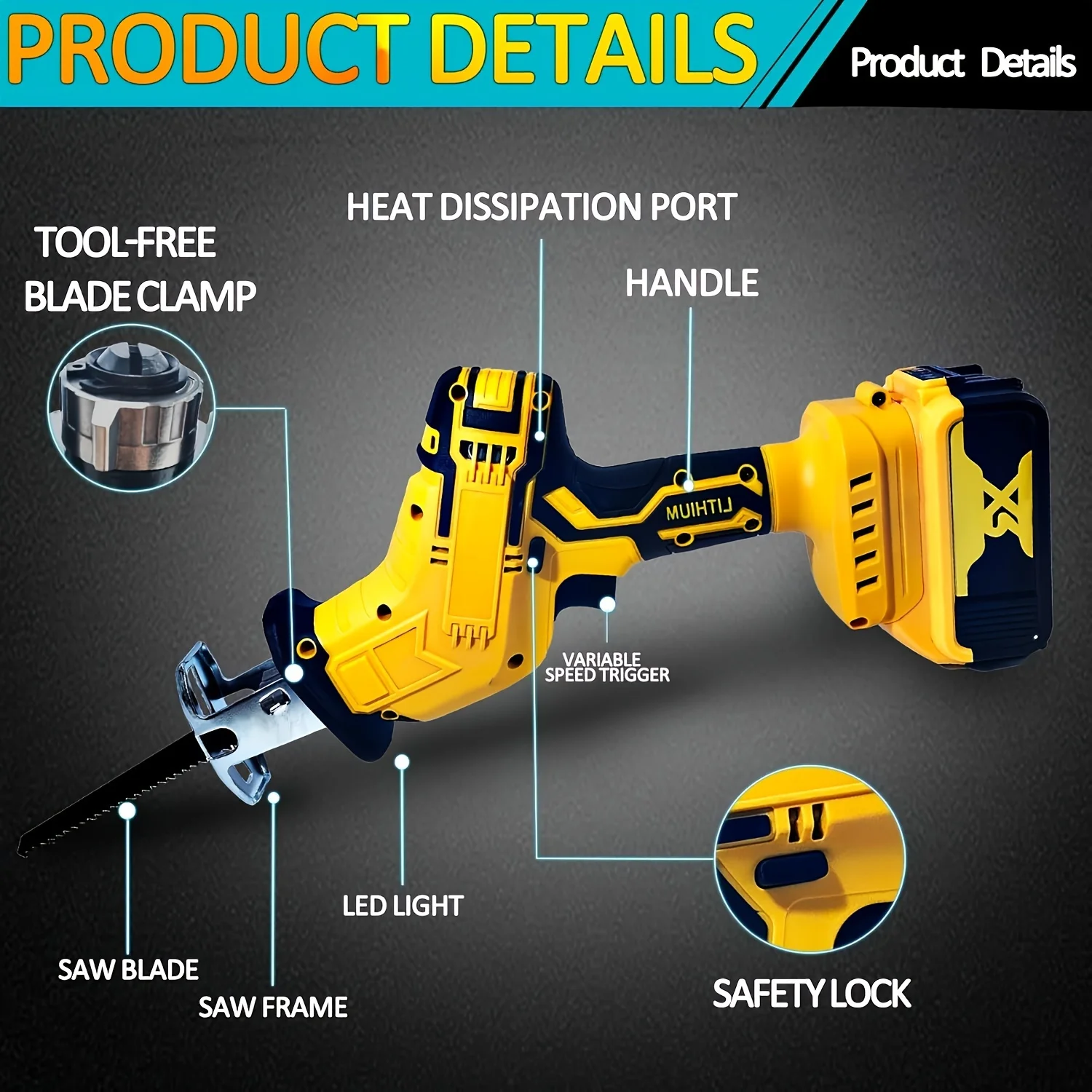 Cordless Reciprocating Saw Compatible With DeWalt 20V Battery,0-3500SPM Variable Speed,4 Saw Blades Kit（Tool Only）