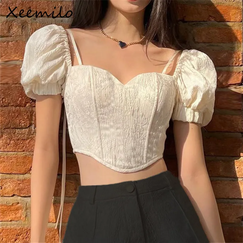 Xeemilo Puff Sleeve Texture T Shirt Elegant Sexy Irregular Tie Up Crop Top Summer Streetwear Ruched Backless Fairy Gentle Tees