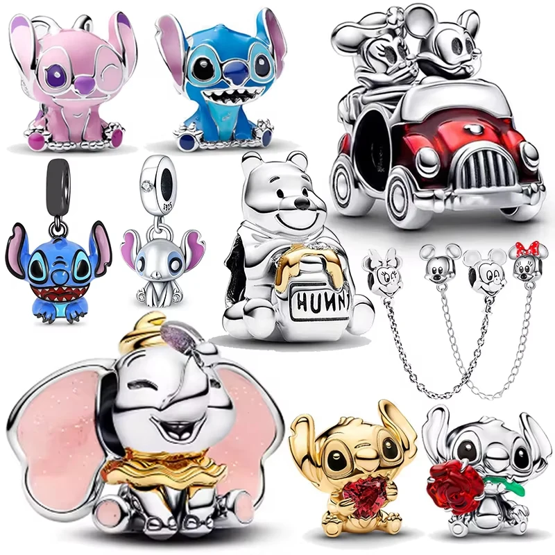 

Disney Plata 925 Mickey Minnie Coches de Viaje Cadena de Seguridad Abalorios Mochila Panda Original Pulsera Colgante para
