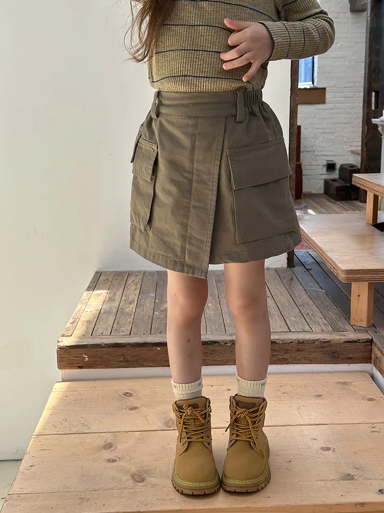 Children Clothes Girls Pocket Cargo Short Skirt Fashionable 2024 Autumn Solid Color Casual Simple Girls Sweet Cool Skirt