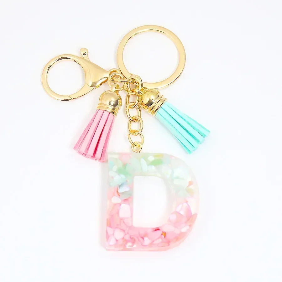 Resin Initial Letter Keychain Women Blue Butterfly Alphabet Key Ring Chains With Tassel Cute Pendant Key Chain Rings Charm Bag