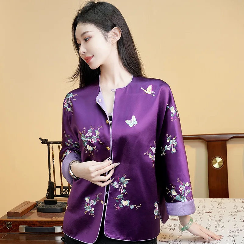 

High-end Women Coat Retro Embroidery Flowers Elegant Lady Spring Autumn Acetate Jacket Female S-XXL