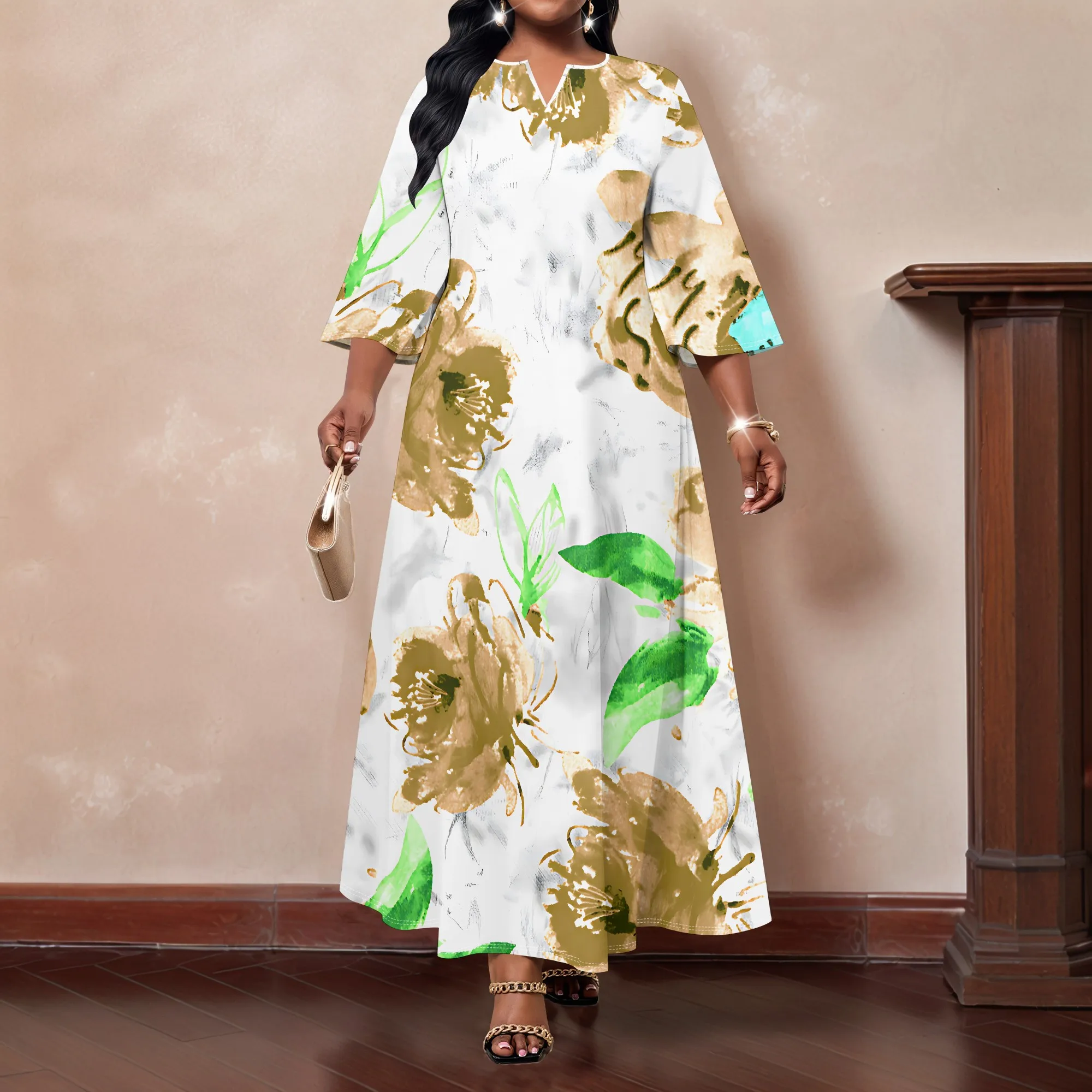 Damen-Kleid mit mittellangen Ärmeln in Übergröße, modisches bedrucktes kleines V-Ausschnitt, lässiges Heimkleid