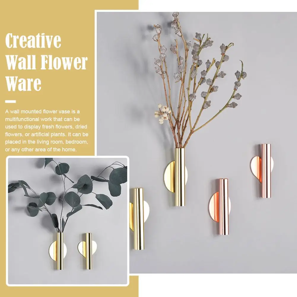 1Pcs Creative Rose Golden Vase Wall Holder Stainless Steel Flowerpot Home Wedding Decoration For Livingroom Wall Mirror Vas N9S2