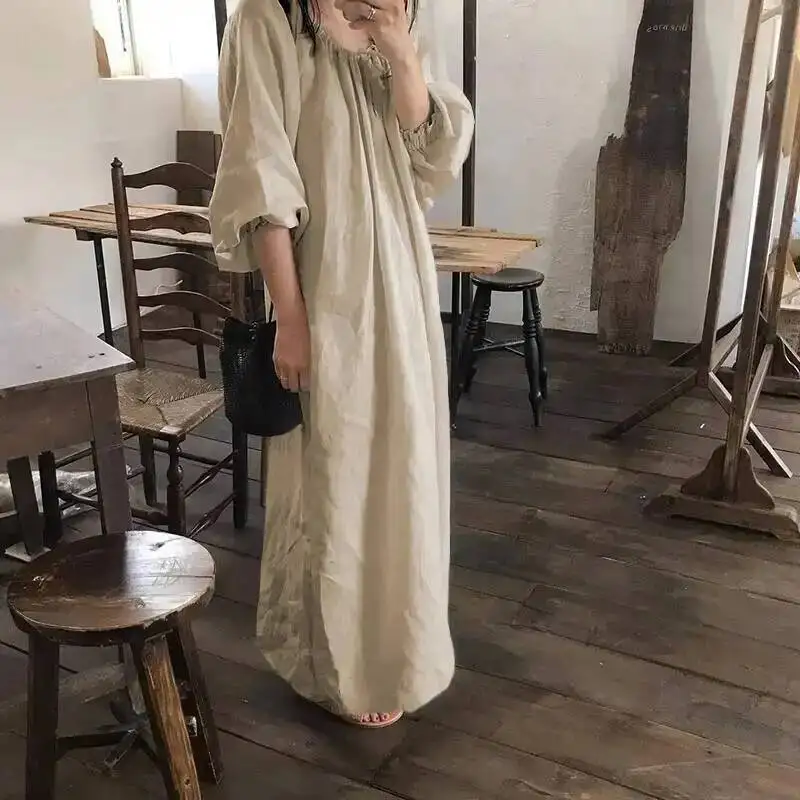 2026 New Spring Vintage Cotton Linen Dress For Women Solid Long Sleeve Drawstring Linen One-Piece Dress Maxi Dress Z0SW