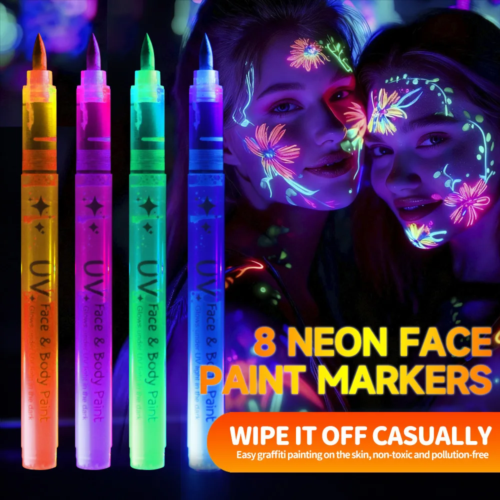 

8Colors Liquid Fluorescent Marker Set Erasable and Washable Body Art Pens for Parties,Music Festivals,and Temporary Tattoos