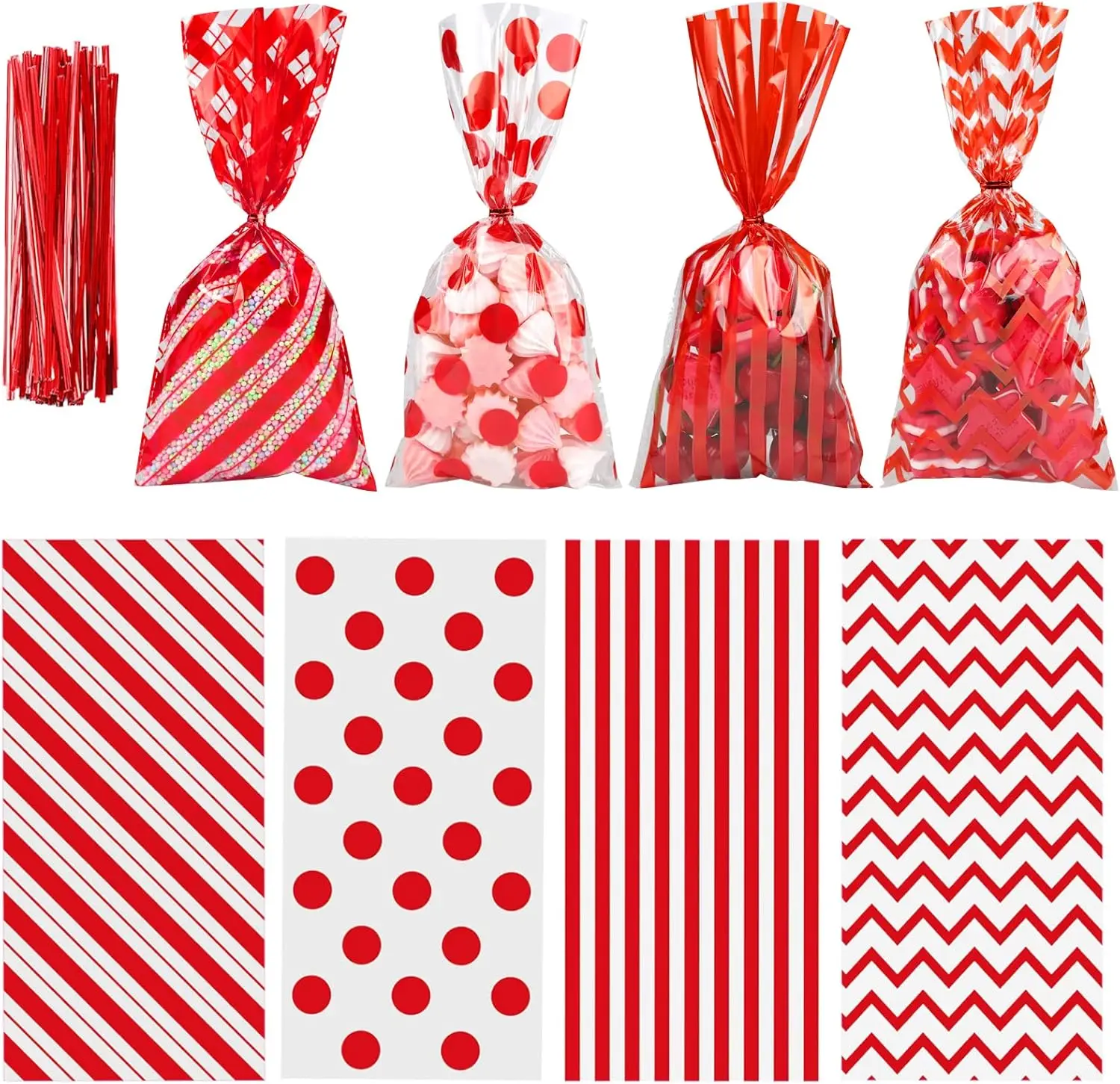 

100 Pcs 10.6x5.1" Red Cellophane Bags with Ties for Party Favors