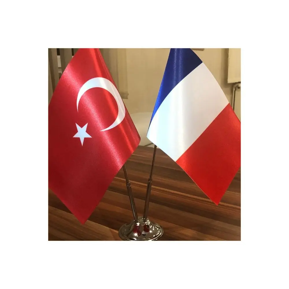 France-Turkey Table Flag Chrome Post Dual Bayrak Made in Turkey, 2 li Flag, Table Decor, kaliteşi Material Office Gift