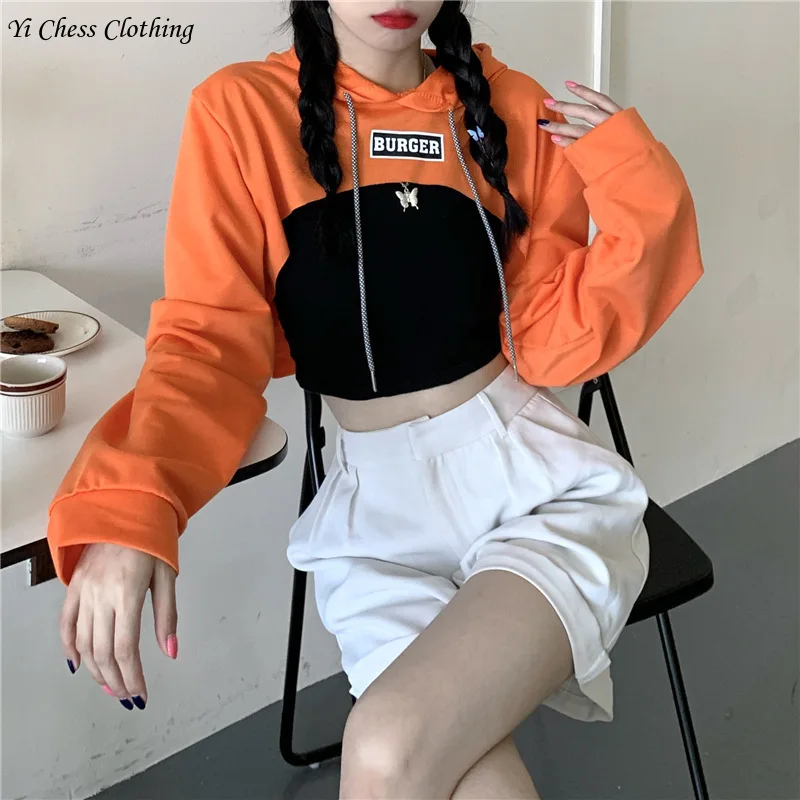 2024 early autumn new women's loose and short style with exposed navel and high waist hoodie long sleeved top thin hoodie