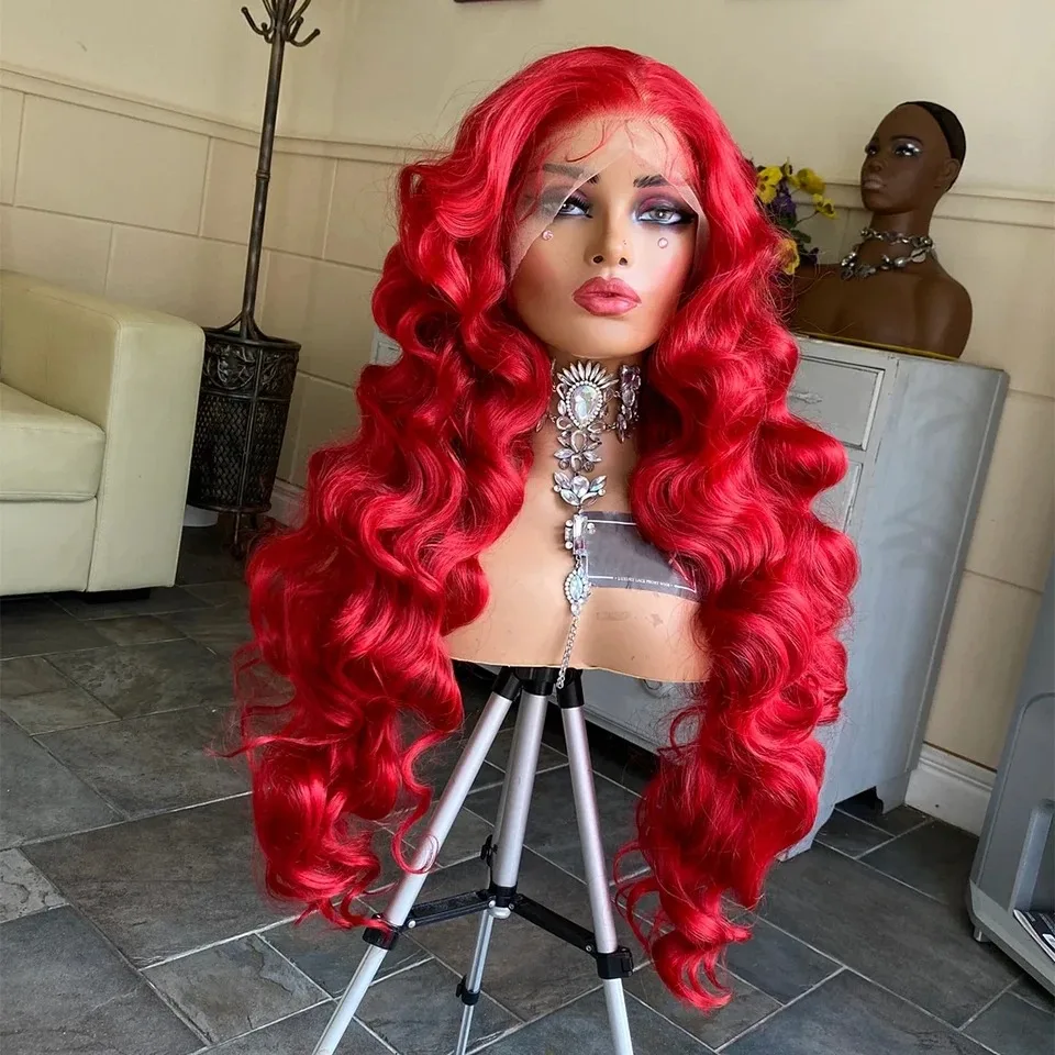 

Red HD Lace Frontal Wig Deep Wave 13x4 Wigs 30 Inch Water Wave Wig 250 Density Transparent Lace Body Wave Hair Synthetic Wig