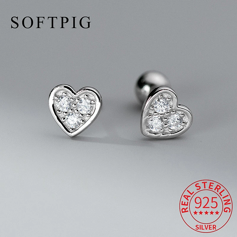 SOFTPIG Real S925 Sterling Silver Zircon Heart Piercing Screw Ball Stud Earrings For Women Classic Fine Jewelry Accessories