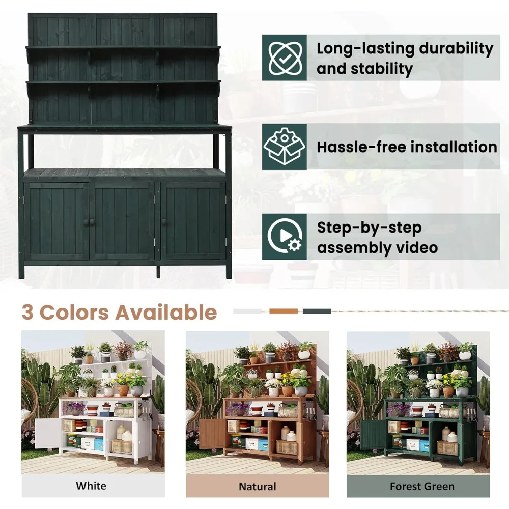 Ławka do doniczek z klatką, stacja robocza ogrodowa z litego drewna jodłowego o długości 50,2 cala, duży blat. 2 półki, 2 szafki, 3 boczne haczyki