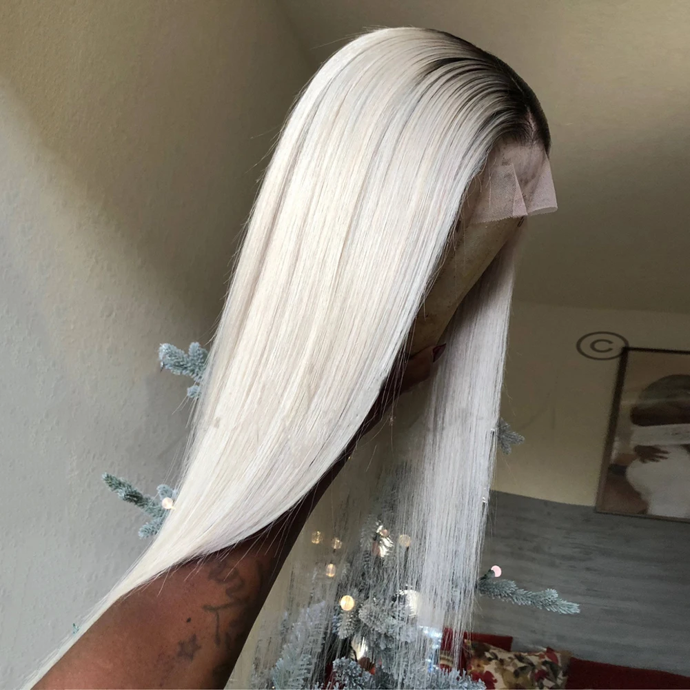 High Quality Human Hair Wig Custom Colored Ice Platinum Blonde Dark Roots Full Lace Wigs Soft Silky Straight Lace Front Wig HD