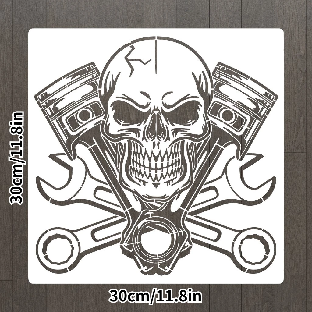 1Pc 12x12 Inch Mechanical Skull Stencil Reusable PET Piston Wrench Painting Template for Garage Wall Wood DIY Decor
