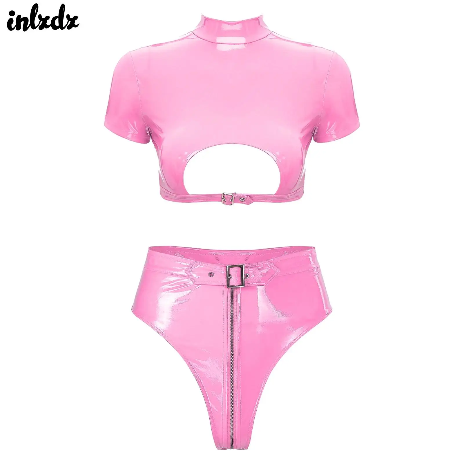 

Womens Glossy Patent Leather Sexy Lingerie Set Disco Moto Biker Clubwear Cutout Crop Top with High Cut Zipper Crotch Underwear