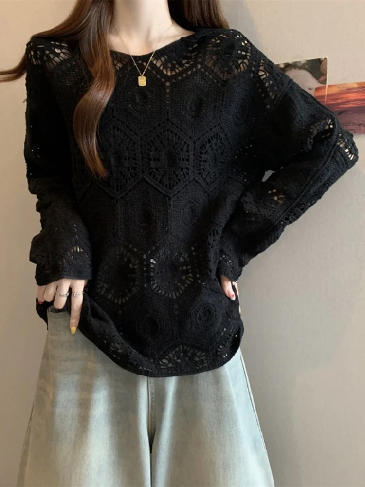 SMTHMA 한국 스타일 디자인 여성용 후드 레이스 탑 가을 게으른 느슨한 자외선 차단 긴팔 탑