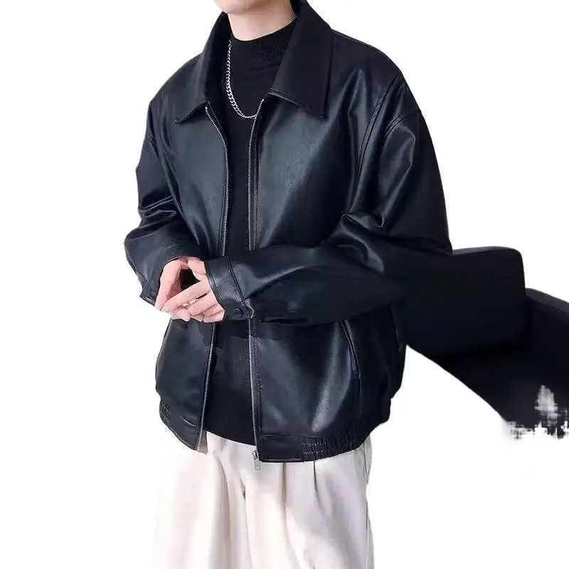 الرجال فو الجلود معاطف الصلبة التلابيب عادية بولي Leather الجلود الدراجات النارية جاكيتات الخريف فضفاض سحابات القمم Vintage تخفيف الرجال معاطف