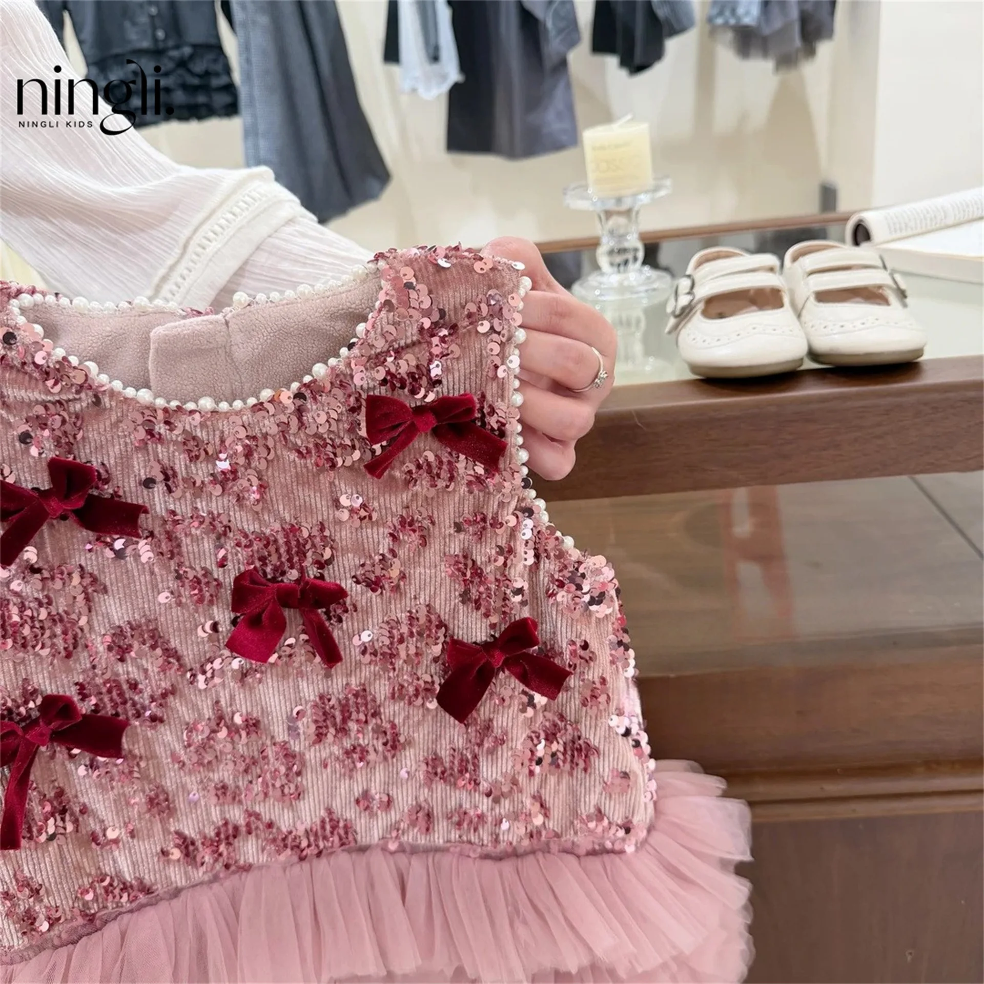 Pink Mist Broken Diamond Girl Sweet Sparkle Tank Top Skirt Autumn/Winter with Velvet Bow Dress