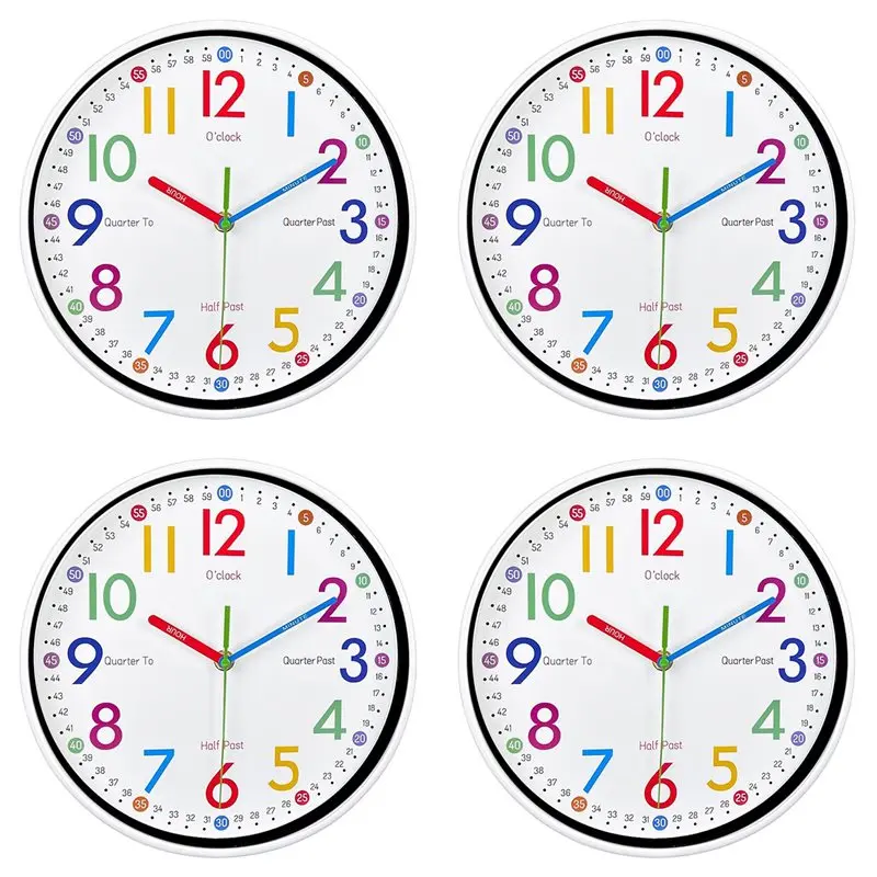 BPA-Free 4X Learning Clock For Kids - Telling Time Easily, Non-Ticking, Battery Operated, Silent, Colorful Teaching Time Clock