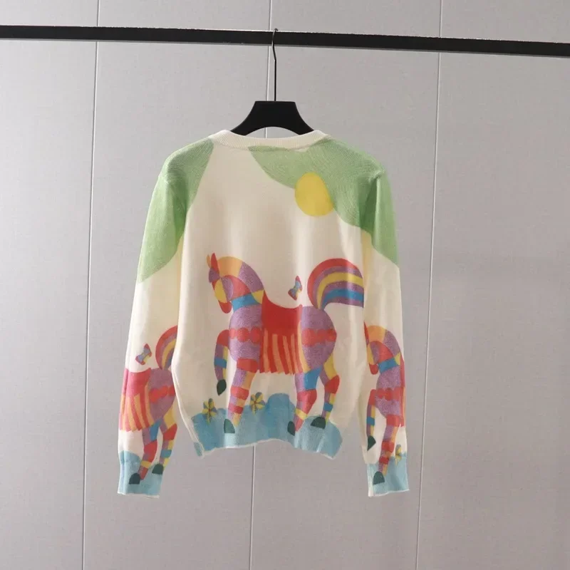 Y2k Clothes Chain Print Sweater Women luxury brand Long Sleeve sweaters Pullover Women's sweater Rainbow Horse Jumper Knit Tops