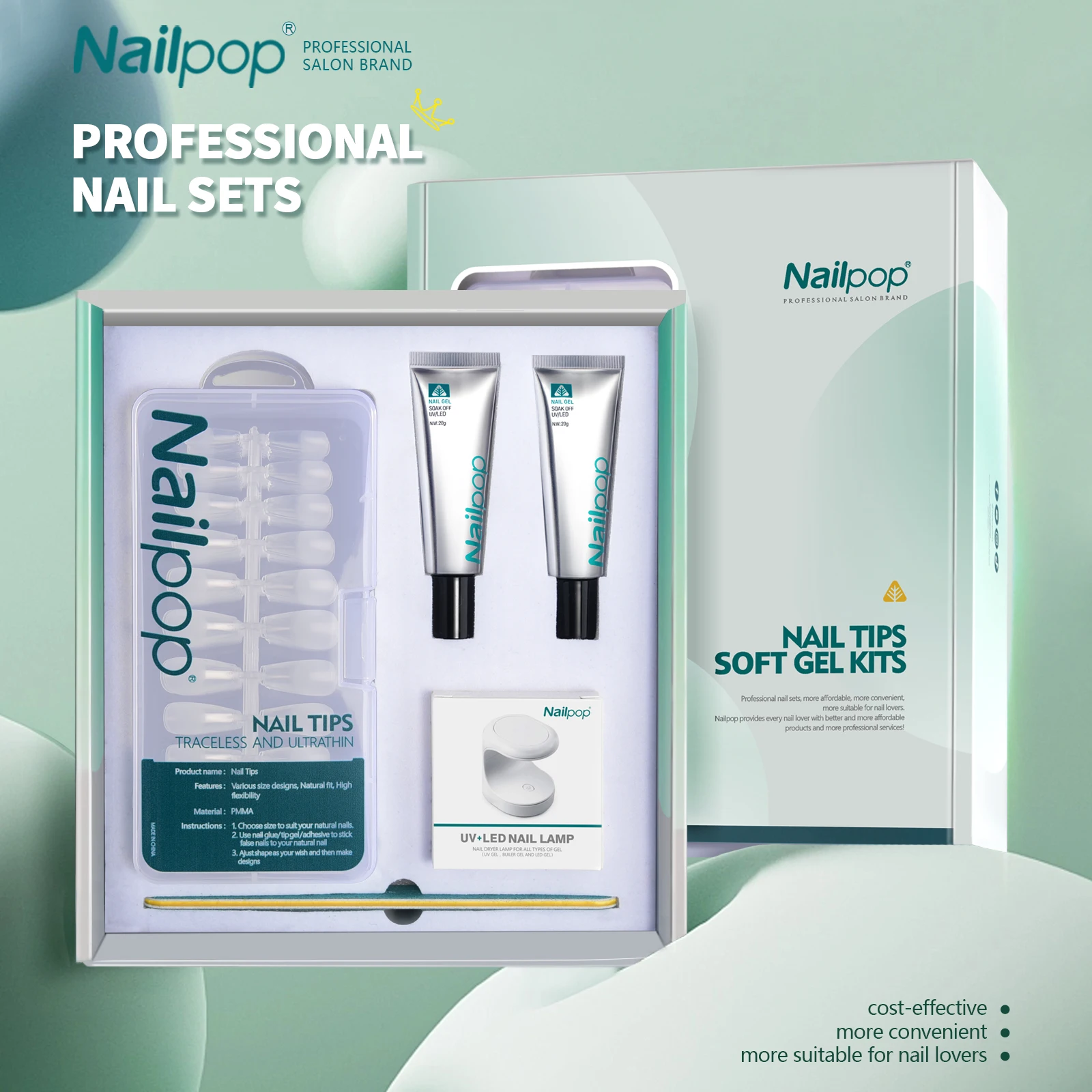 Nailpop Salon-Juego de uñas de calidad, esmalte de Gel suave, 2 uds., lámpara LED UV, 1 Uds., puntas de uñas, 600 Uds., doble lima, esencial para manicura DIY
