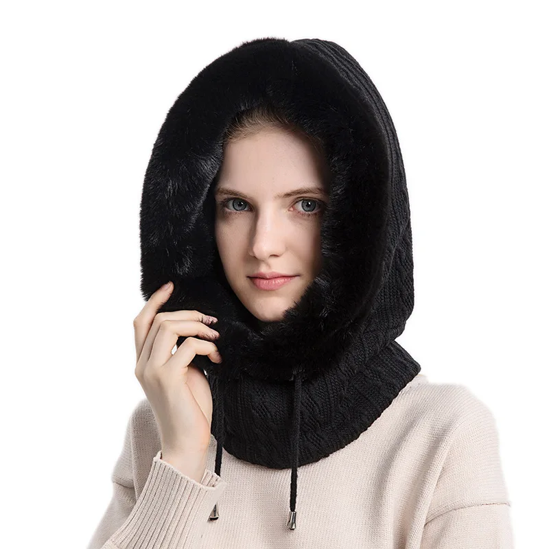 Women Knitted Cashmere Fur Cap Mask Set Hooded for Winter Warm Russia Outdoor Ski Windproof Hat Thick Plush Fluffy Beanies