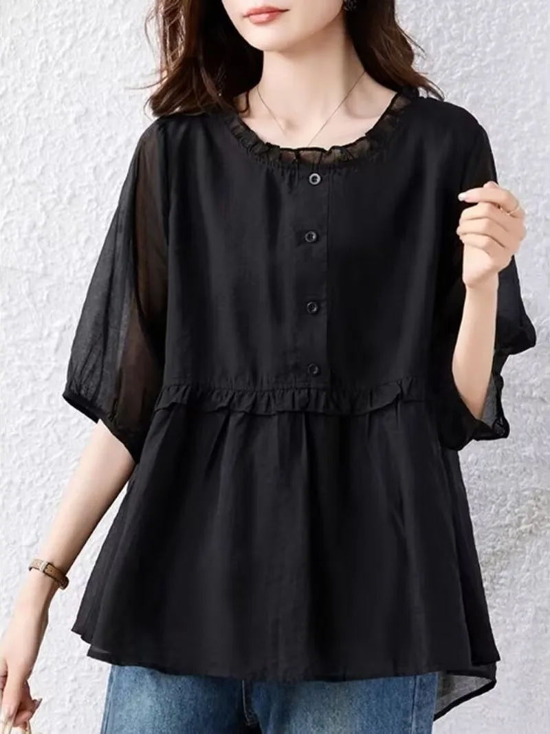 

Black Chiffon Shirt Gentle Wind Loose Fit Breathable Thin Spring Summer Women's Top Large Size Cover Belly Button Placket