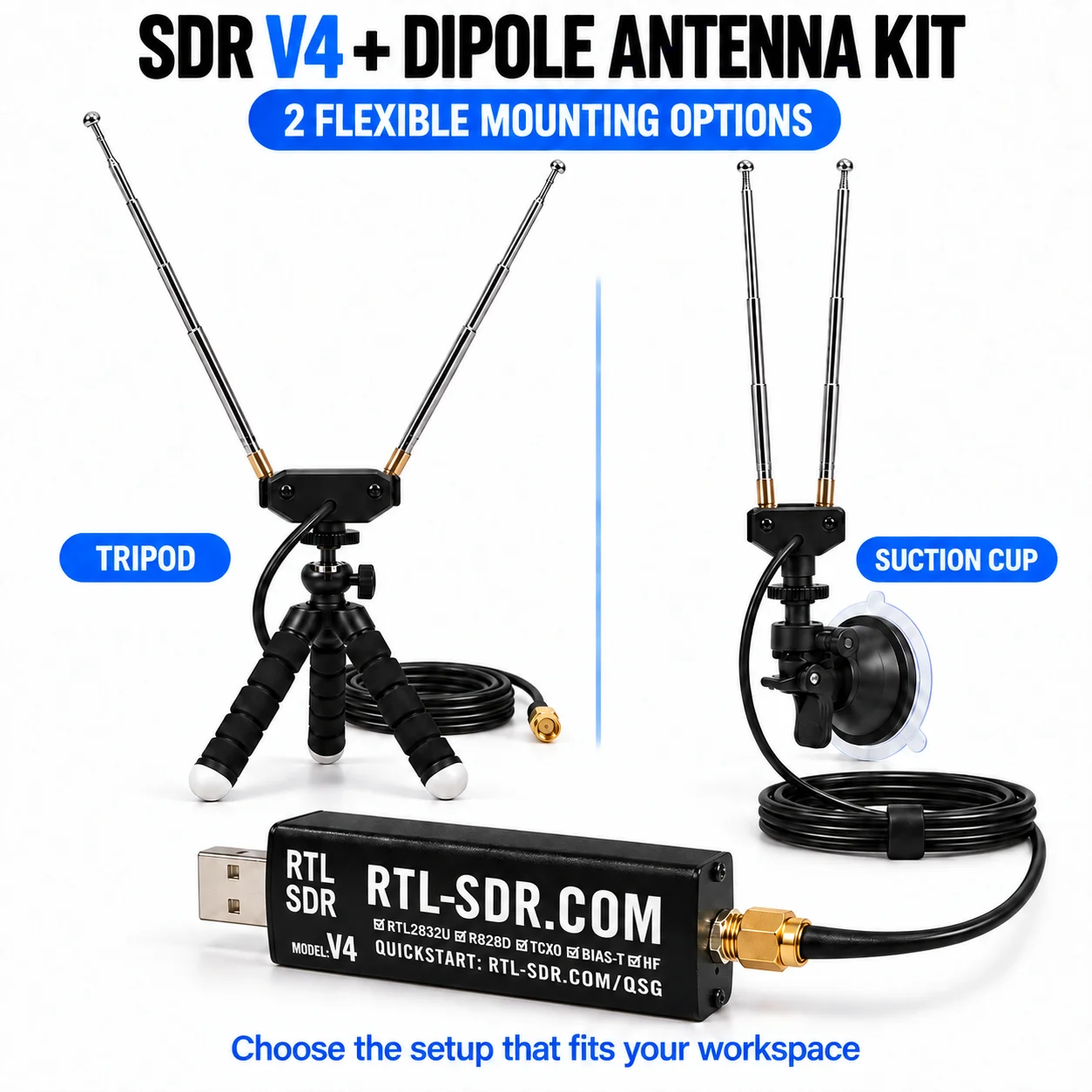 RTL-SDR V4 USB SDR Receiver Kit, RTL2832U R828D 500kHz-1.766GHz Software Defined Radio, 1PPM TCXO, SMA Dual Dipole Antenna