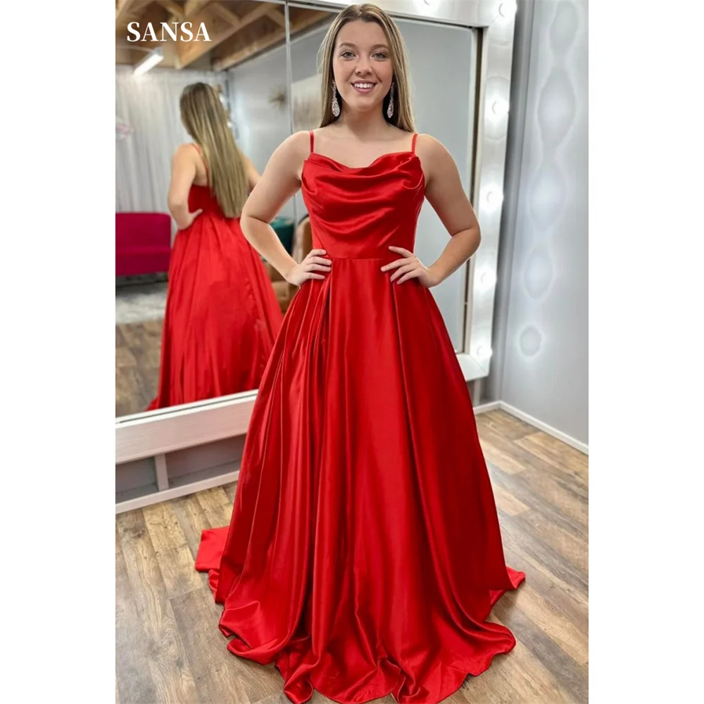 

Sansa Wine Red Satin Prom Dress Elegant Spaghetti Strap A-line Vestidos De Fiesta Elegant Sleeveless Floor-Length Evening Dress