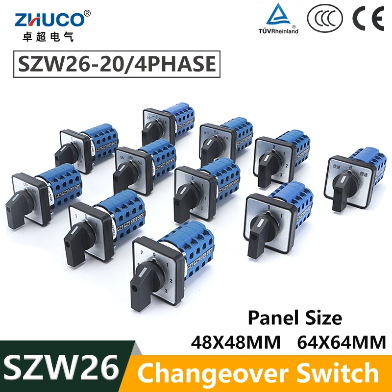 

ZHUCO SZW26/LW26-20 4 Poles Sliver Contact 20A 660V 64X64 mm 48X48 mm Panel Power Knob Selection Cam Rotary Changeover Switch
