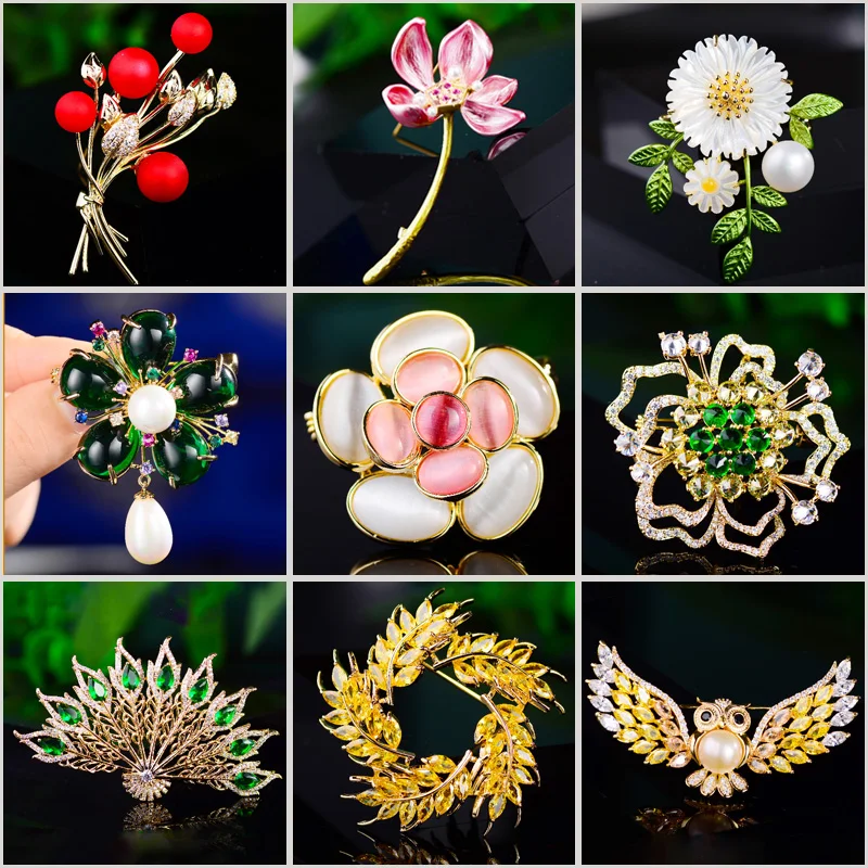 

Korean Elegant Fashion Camellia Brooch Pin Creative Personality Opal Stone Pins Daisy Flower Peacock Owl Accessories Women Gift