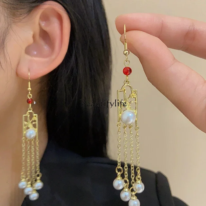 

Pearl fringed earrings women's fashion sweet antique long flower earrings accessories