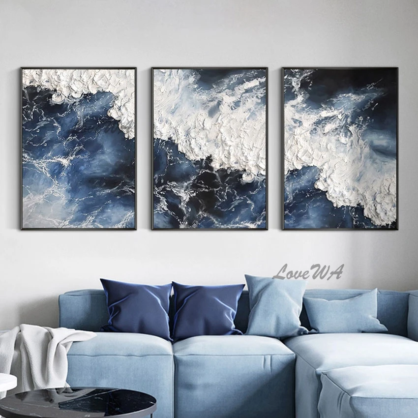 

New Arrival Thick Waves Textured Abstract Oil Painting Unframed 3 Piece Canvas Wall Art Home Decoration Handmade Picture