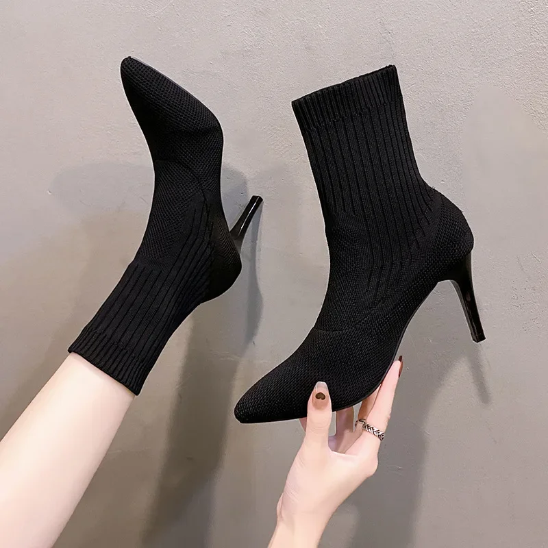 

Fashion Women's Ankle Boots Pointed Toe Stretch Boots Autumn Stiletto Socks Boots High Heels Zapatos Mujer