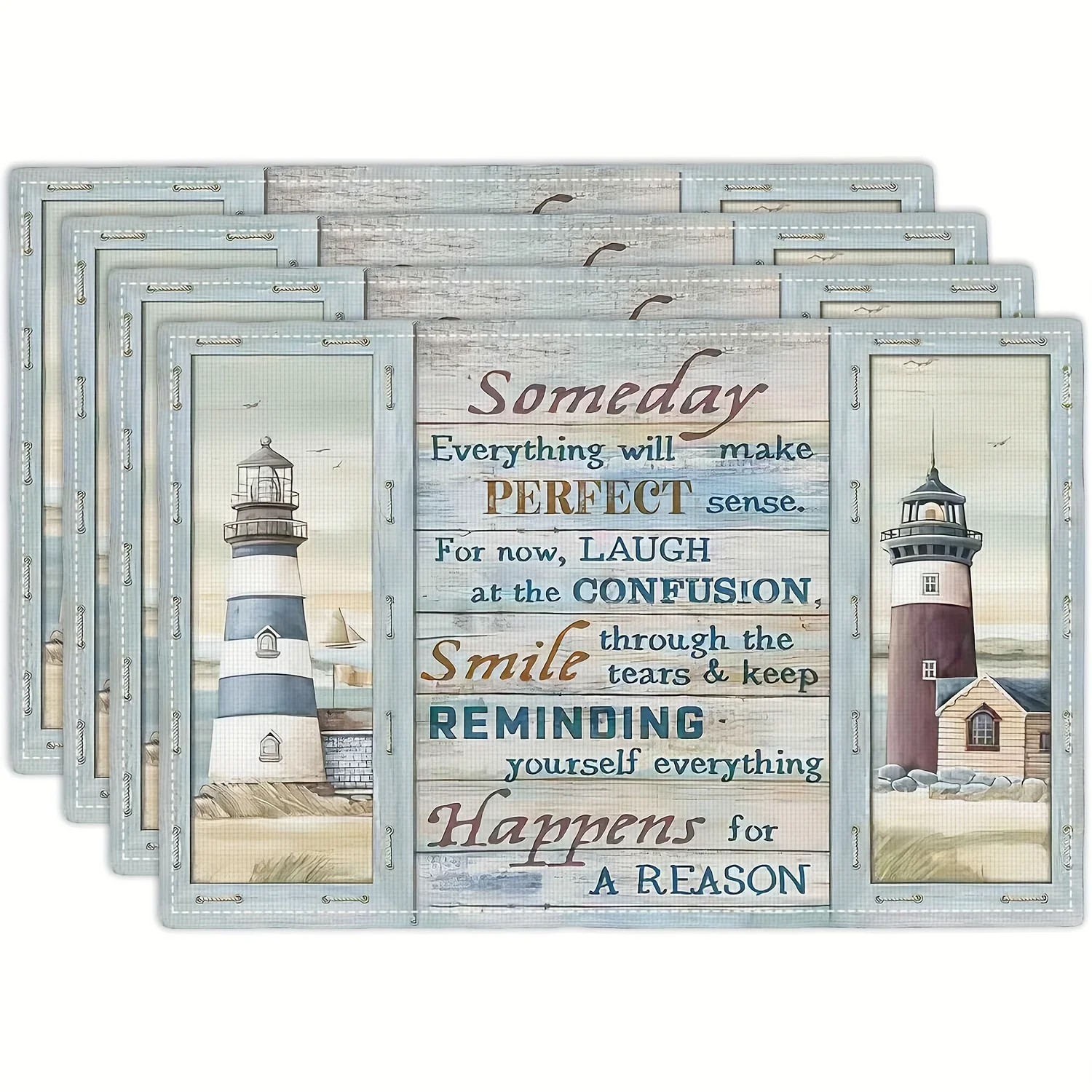 4pcs Nautical Lighthouse Placemats Blue & White Coastal Design with Inspirational Quote Machine Washable for Home or Beach Décor
