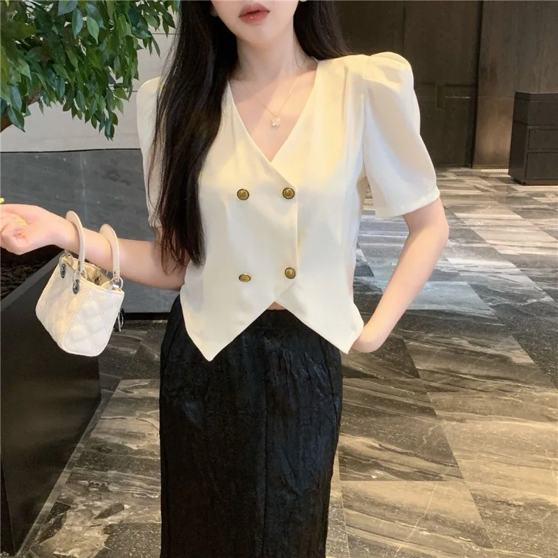 

Women Summer Simplicity Office Lady Solid Color V-neck Short Sleeve Shirts Ladies Fashion Temperament All-match Trend Tops Coat