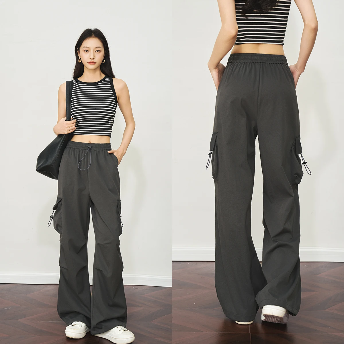 OLrain Women Gray Pants Casual Summer 2025 Safari Style Wide-leg Draw String Pants Pocket High-waisted Lady Trousers O57XK98662