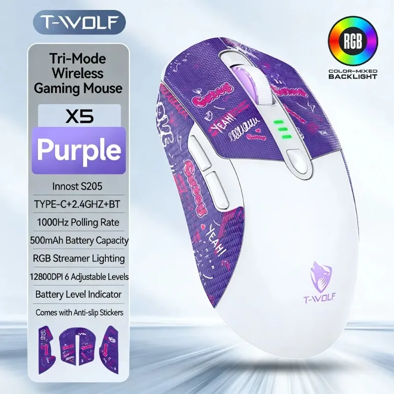 Gift Anti-Slip Stickers T-WOLF X5 RGB 3-Mode Wireless Gaming Mouse 12800DPI Programmable 500mAh Ergonomic PC Peripheral Mouse
