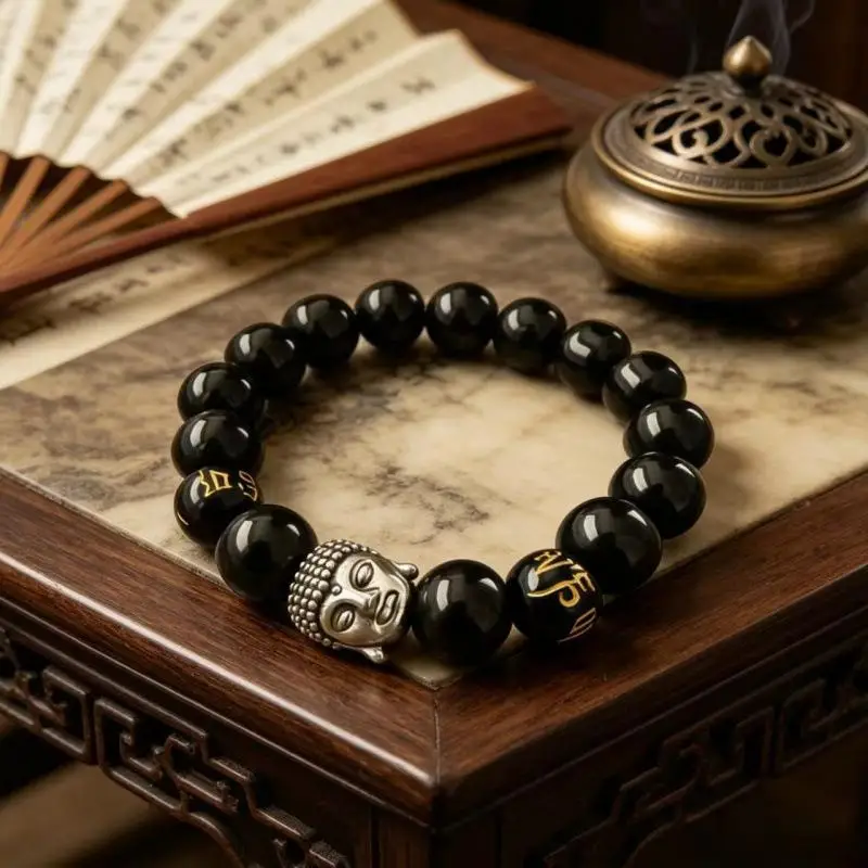Black Obsidian Bead Bracelet With Silver Charm Gold Mantra Beads For Meditation Daily Wear