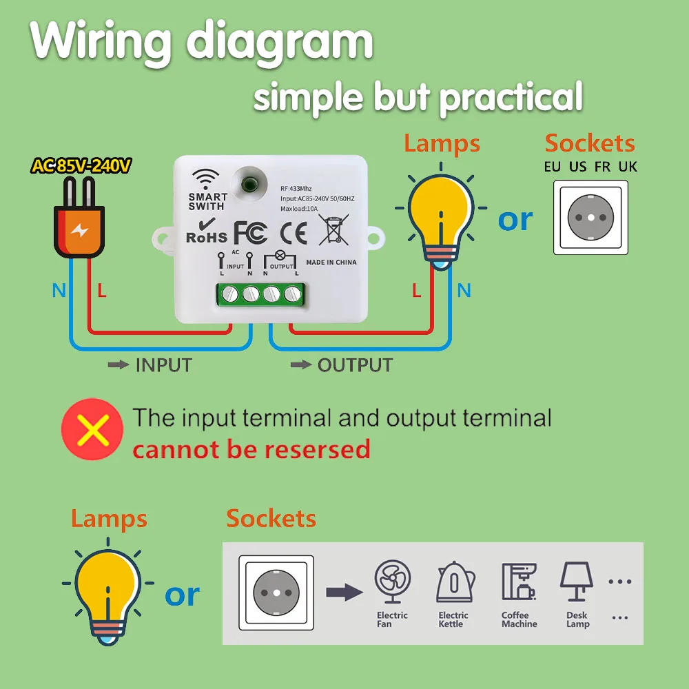 433mhz Universal Remote Control Switch AC 110 220V 10A 1Ch Relay Receiver and 2 Button RF Transmitter for Led Fan Home Appliance