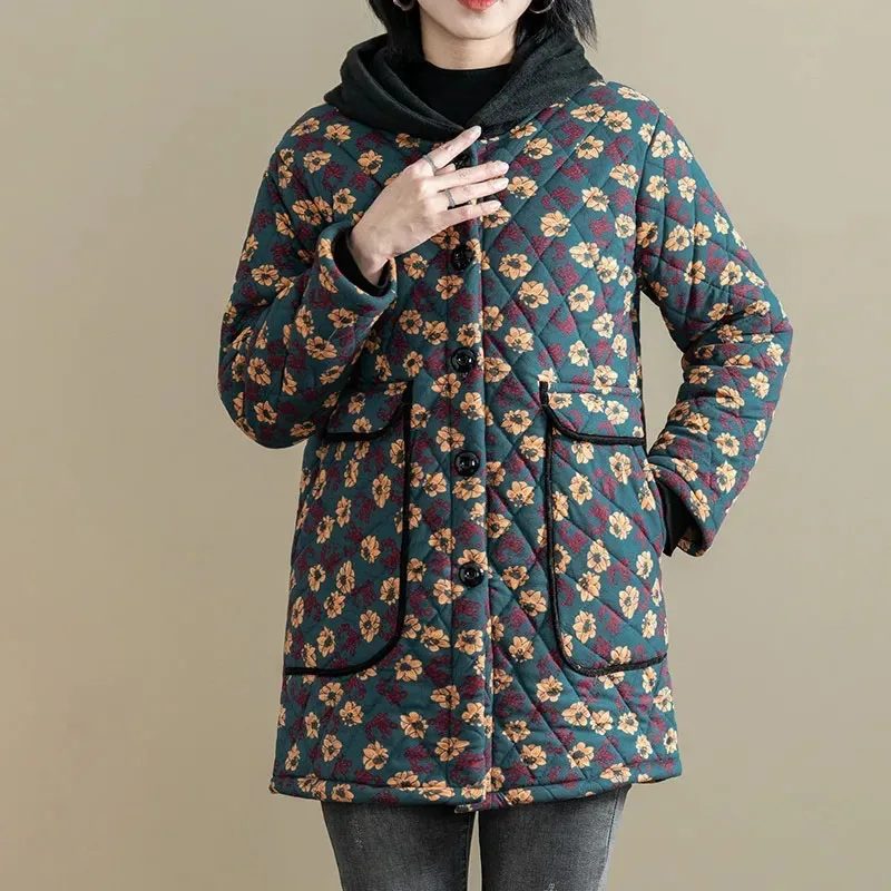 2025 Nuovo Autunno Inverno Con Velluto Giacca imbottita in cotone Donna Madre di mezza età Con cappuccio Floreale Più Velluto Caldo Parka Cappotto Femminile