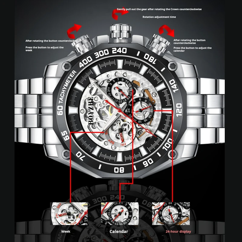 BOYZHE ساعة رجالية من أفضل العلامات التجارية الفاخرة الرياضية الميكانيكية ساعات رجالي فولاذ كامل مقاوم للماء مضيئة الهيكل العظمي ساعة اليد الرجال Relogio
