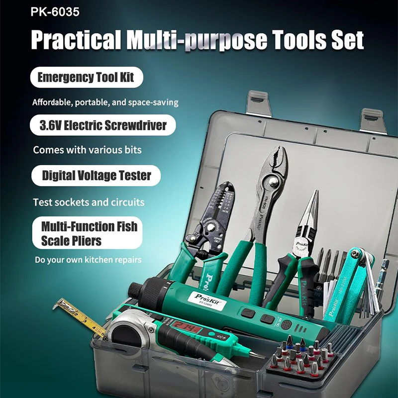 Pro'sKit PK-6035 Multifunctional Tool Set Home Repair Kit with Electric Screwdriver Digital Voltage Tester and Locking Pliers