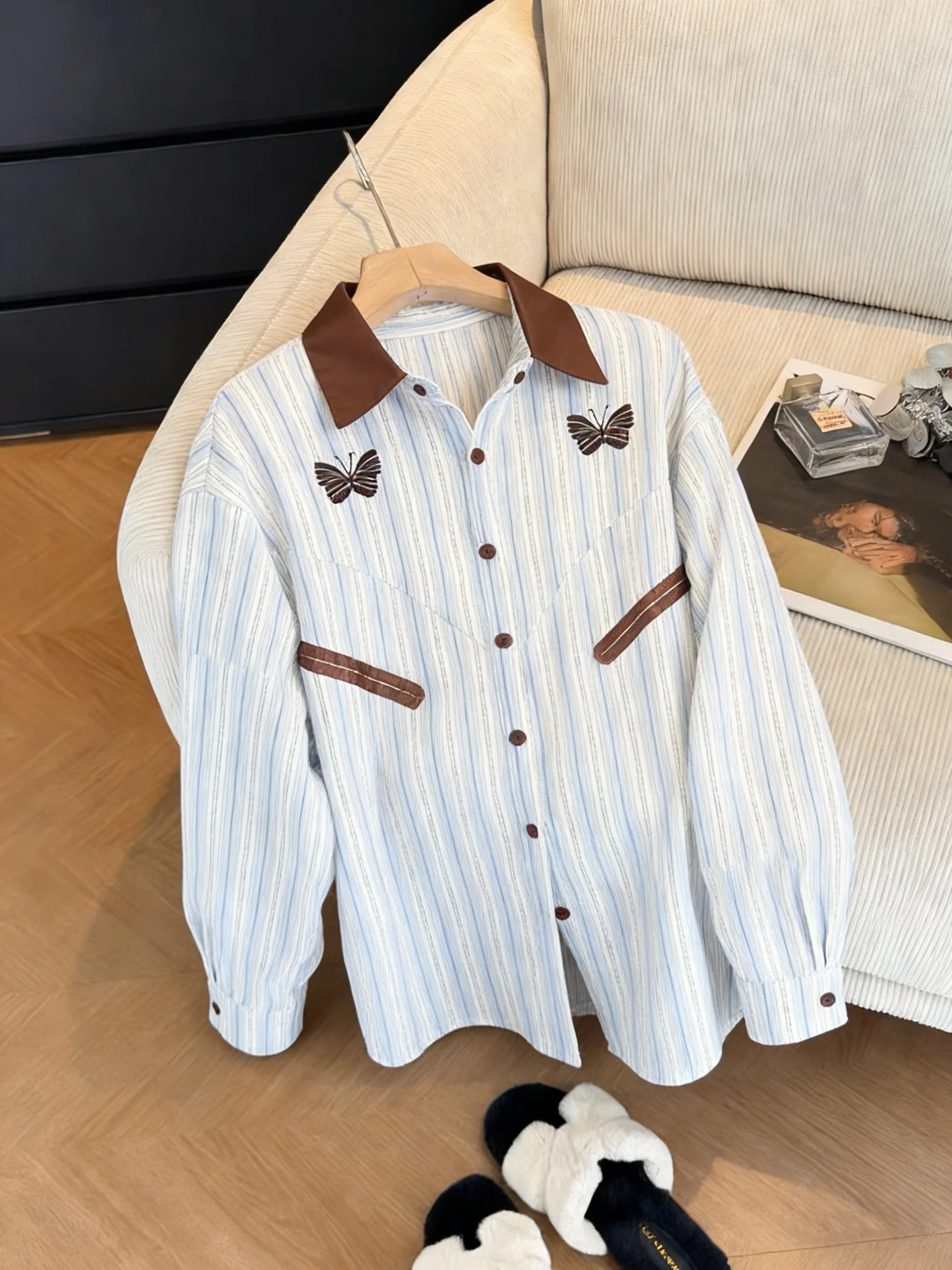 

Синяя полосатая свободная женская рубашка в винтажном корейском стиле с бантом, на пуговицах, для весны и осени