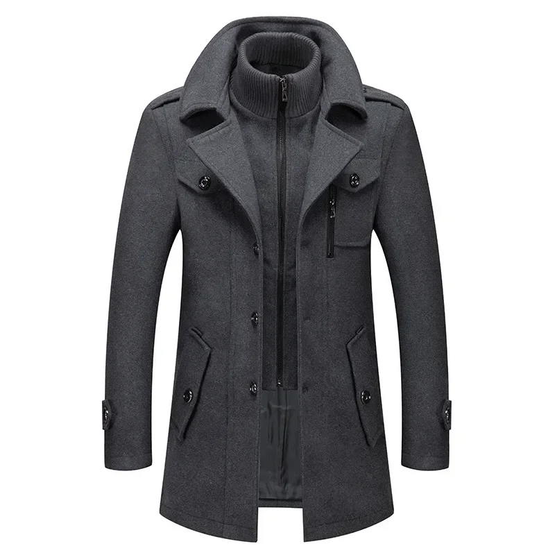 Manteau en laine coupe-vent à double col avec fermeture éclair pour hommes, pardessus en laine, veste longue moyenne, mode combinée, hiver, automne, 4XL